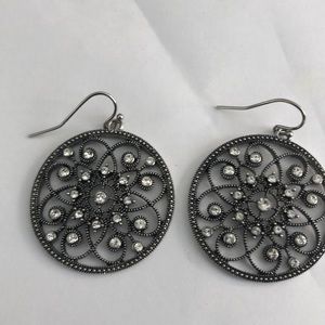 Lia Sophia Gunmetal Filigree Circle Drop Earrings with Clear Crystals